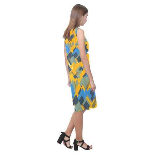 Blue yellow shapes Sleeveless Splicing Shift Dress(Model D17)
