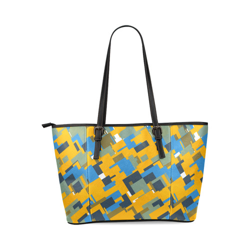 Blue yellow shapes Leather Tote Bag/Large (Model 1640)