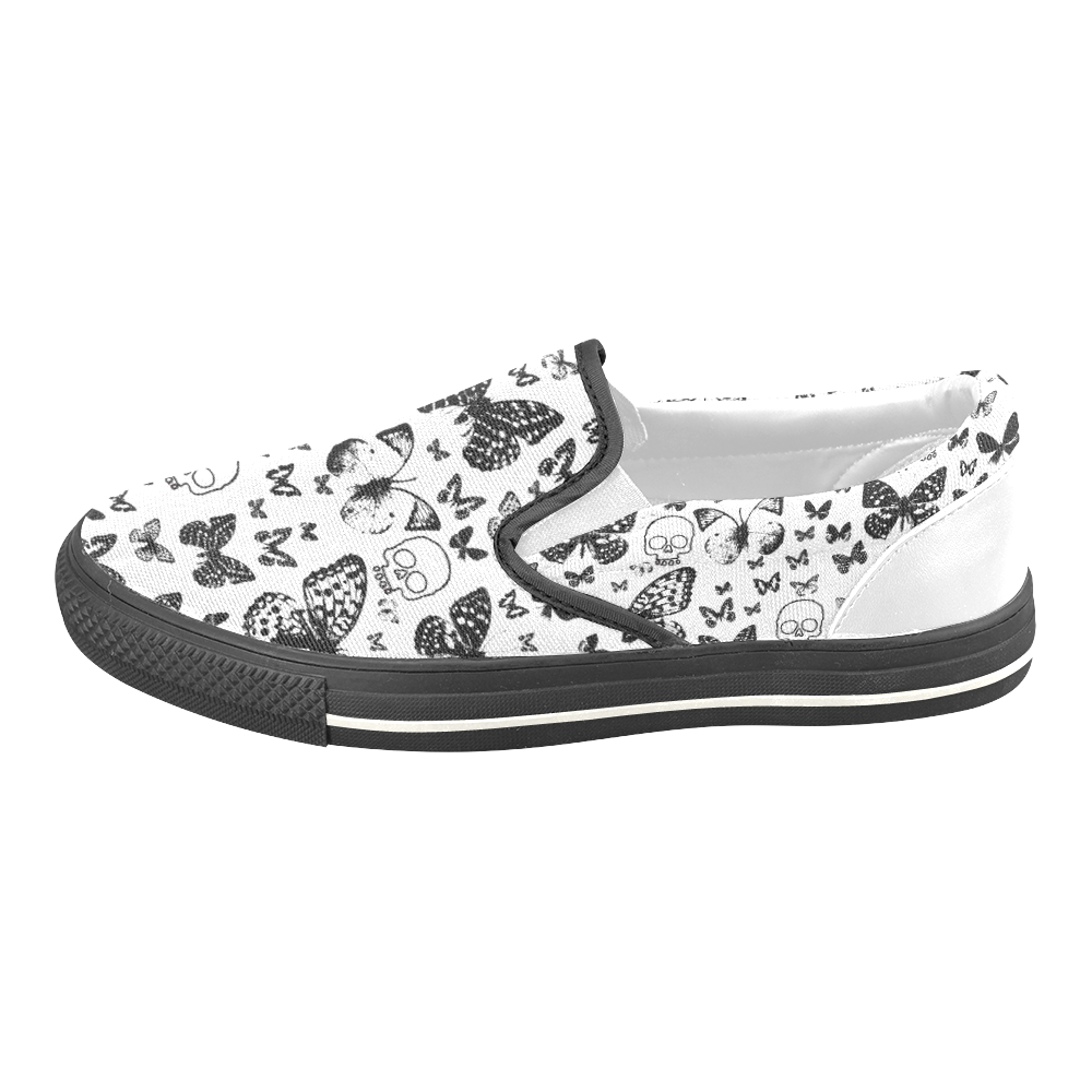 Black & White Skullss & Butterflies Women's Unusual Slip-on Canvas Shoes (Model 019)