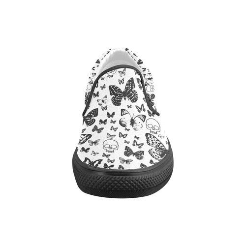 Black & White Skullss & Butterflies Women's Unusual Slip-on Canvas Shoes (Model 019)