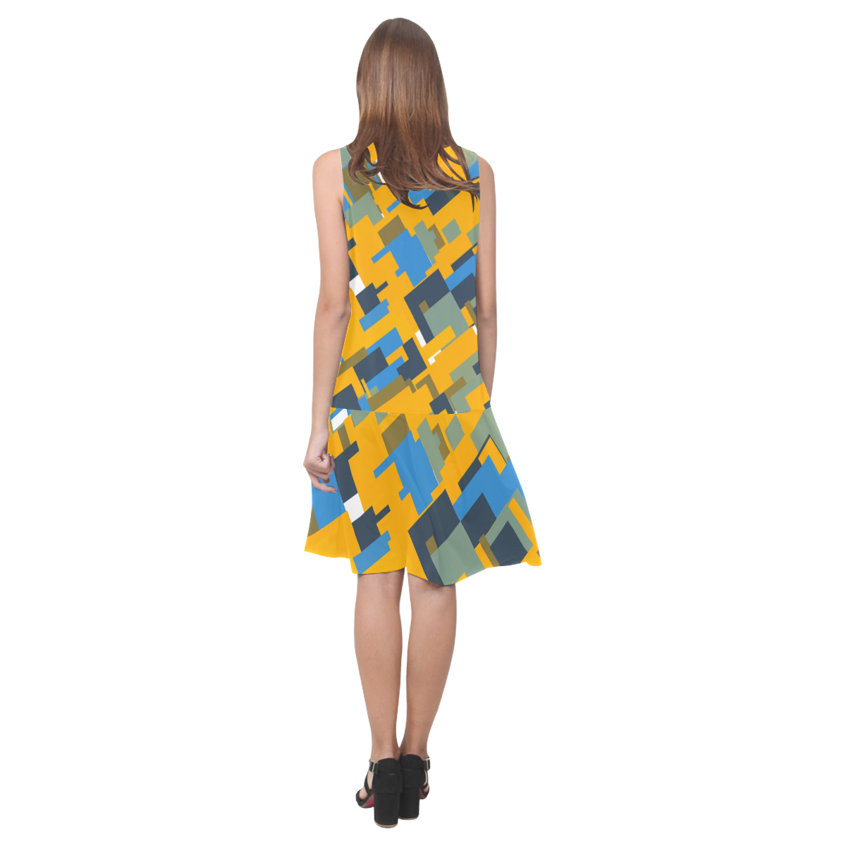 Blue yellow shapes Sleeveless Splicing Shift Dress(Model D17)