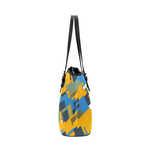 Blue yellow shapes Leather Tote Bag/Large (Model 1651)