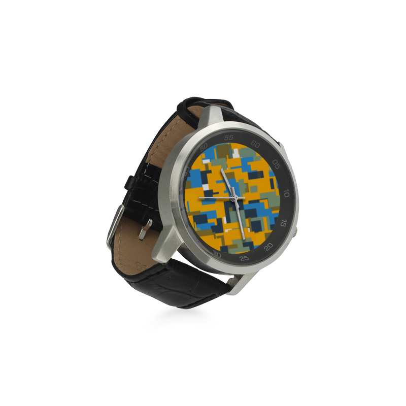 Blue yellow shapes Unisex Stainless Steel Leather Strap Watch(Model 202)