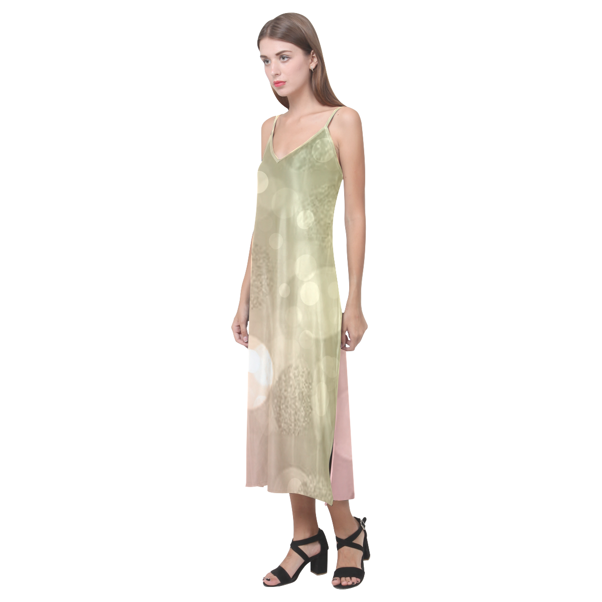 Golden Boken V-Neck Open Fork Long Dress(Model D18)