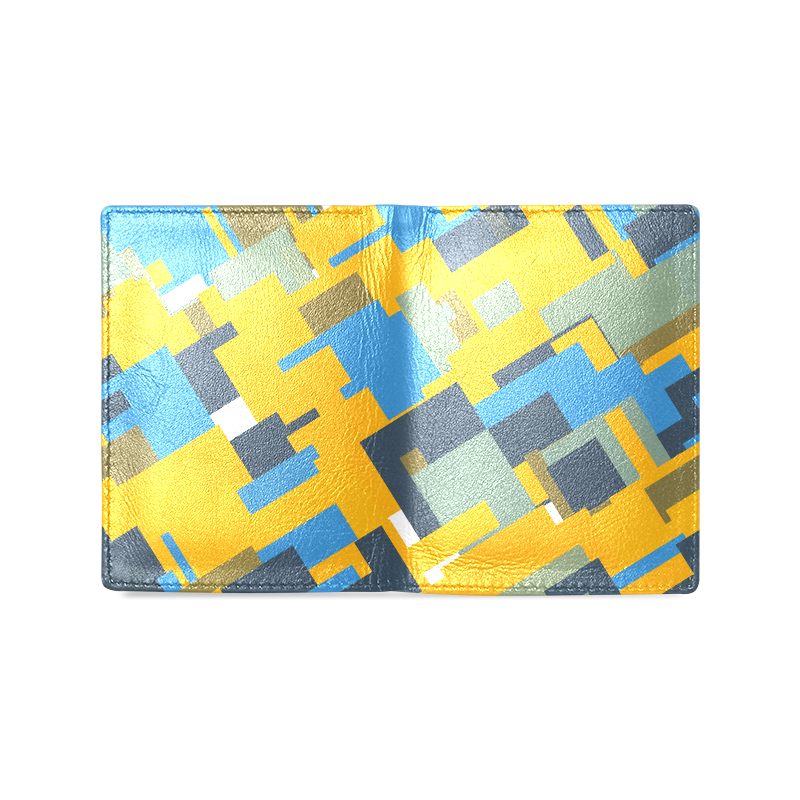 Blue yellow shapes Men's Leather Wallet (Model 1612)