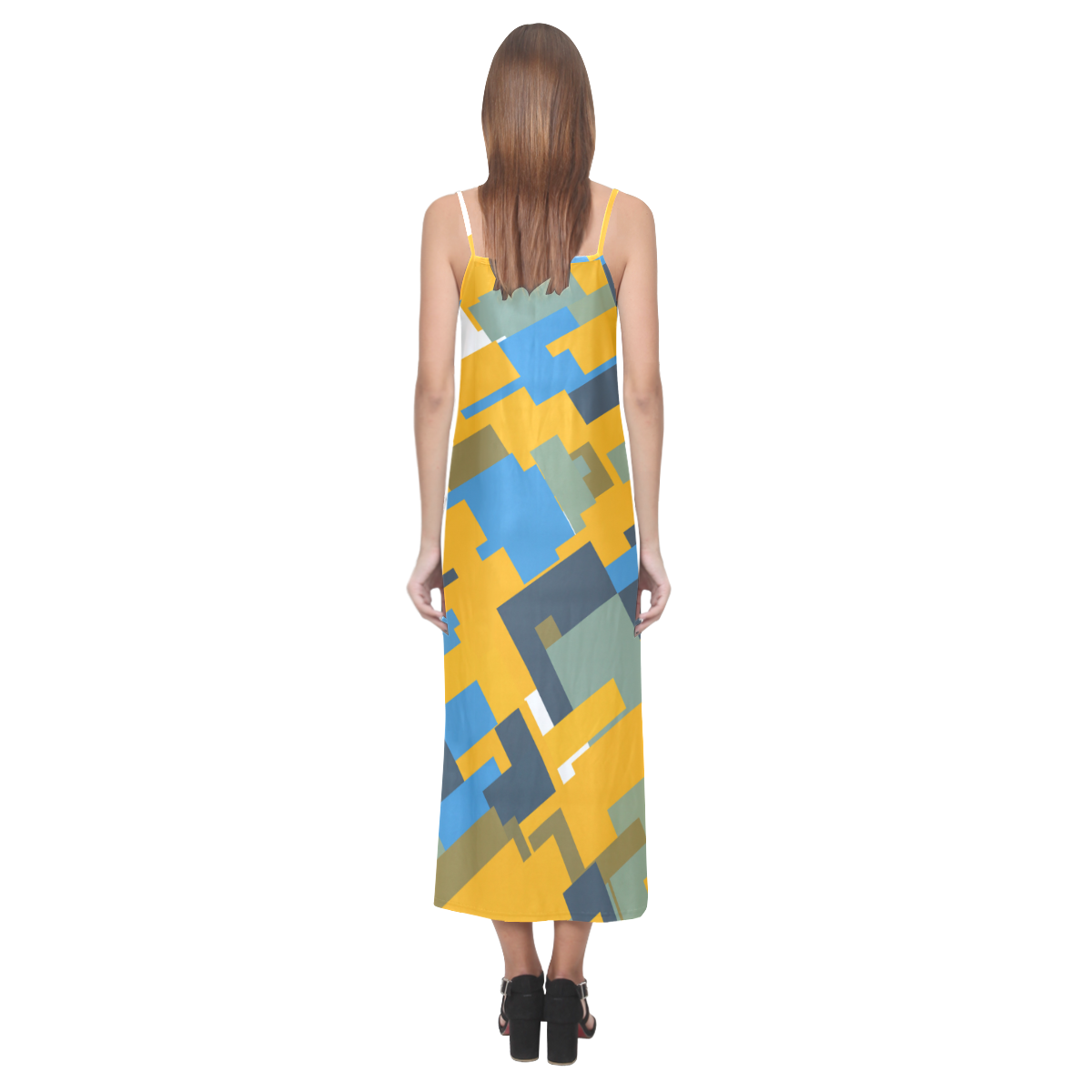 Blue yellow shapes V-Neck Open Fork Long Dress(Model D18)