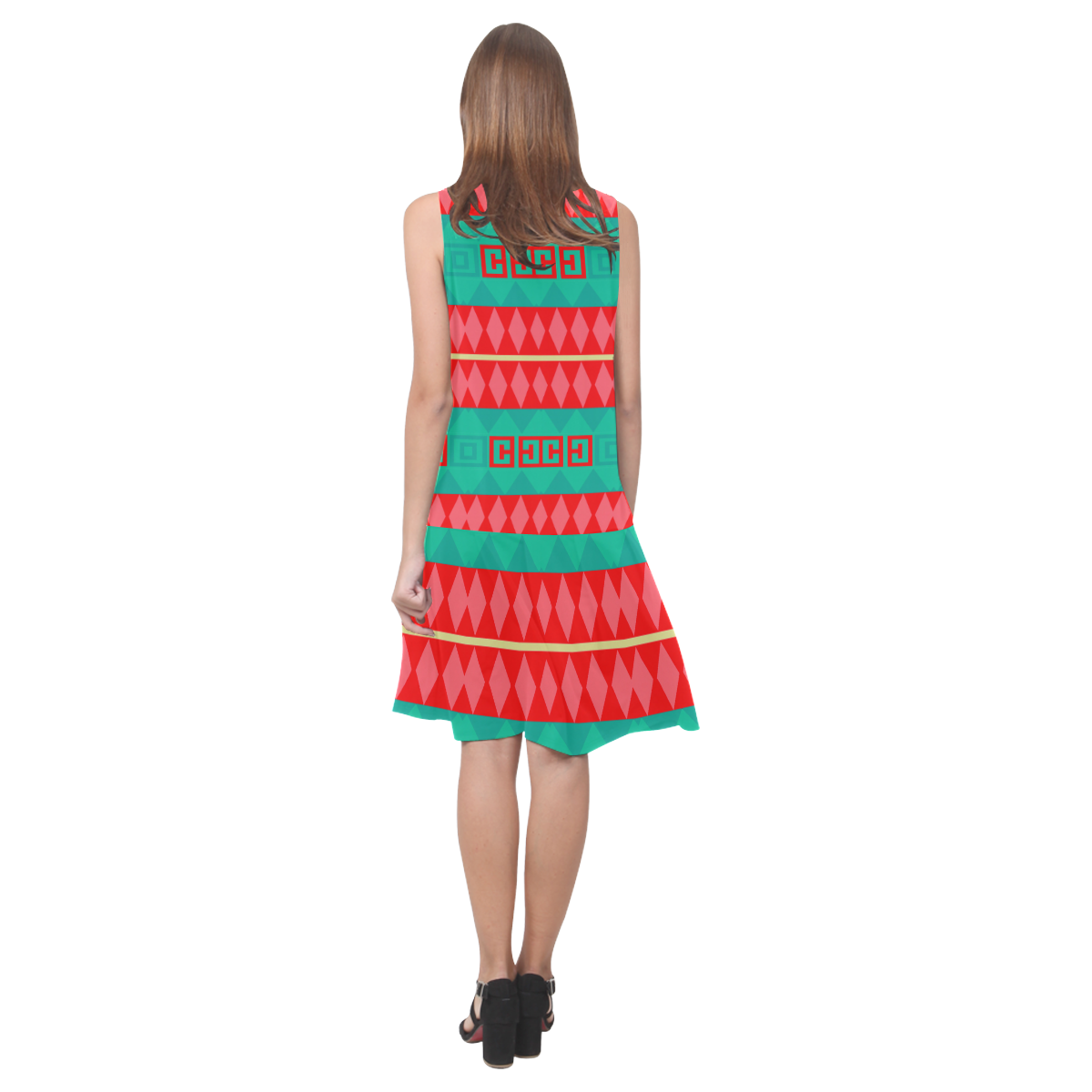 Rhombus stripes and other shapes Sleeveless Splicing Shift Dress(Model D17)