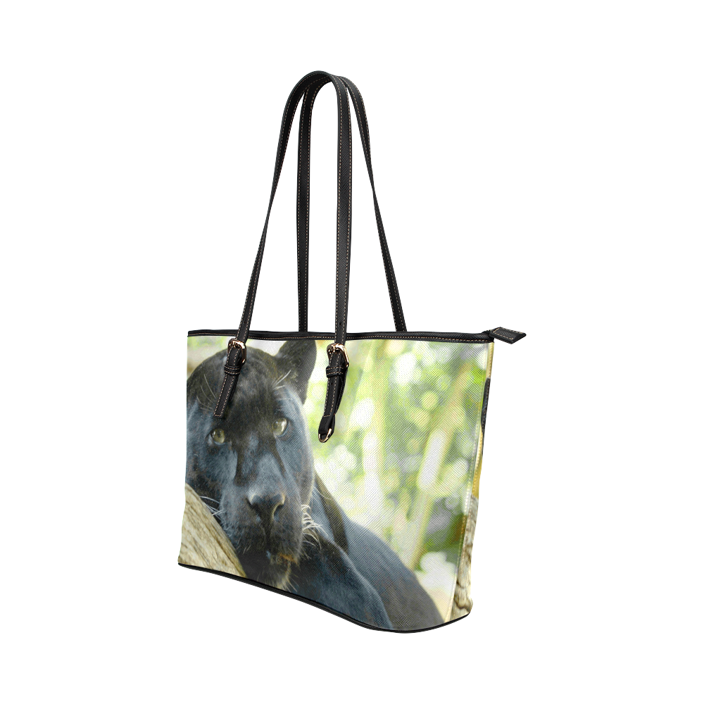 Beautiful Black Panther in Forest Leather Tote Bag/Large (Model 1651)