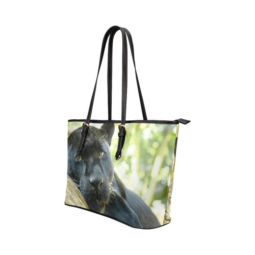 Beautiful Black Panther in Forest Leather Tote Bag/Large (Model 1651)