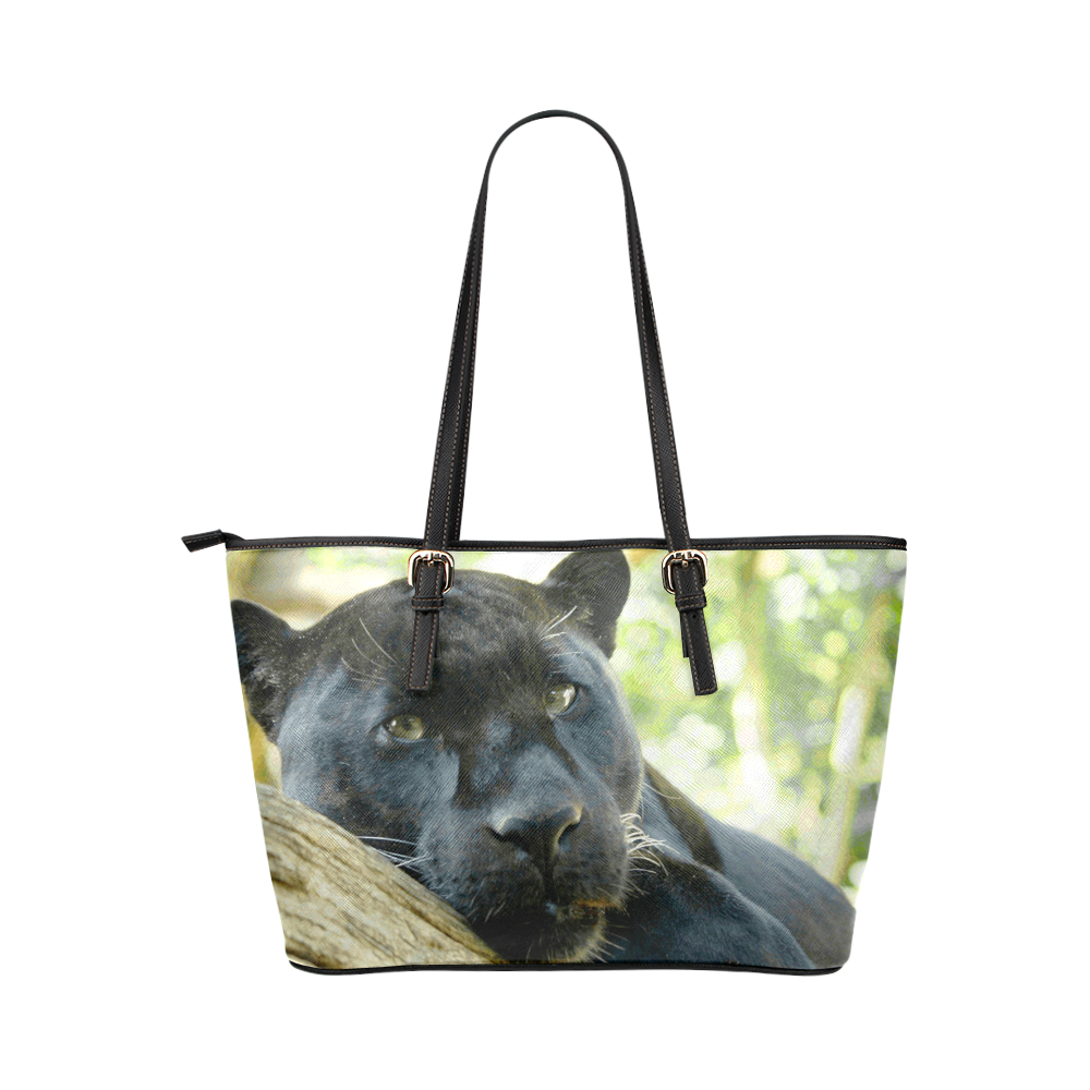 Beautiful Black Panther in Forest Leather Tote Bag/Large (Model 1651)