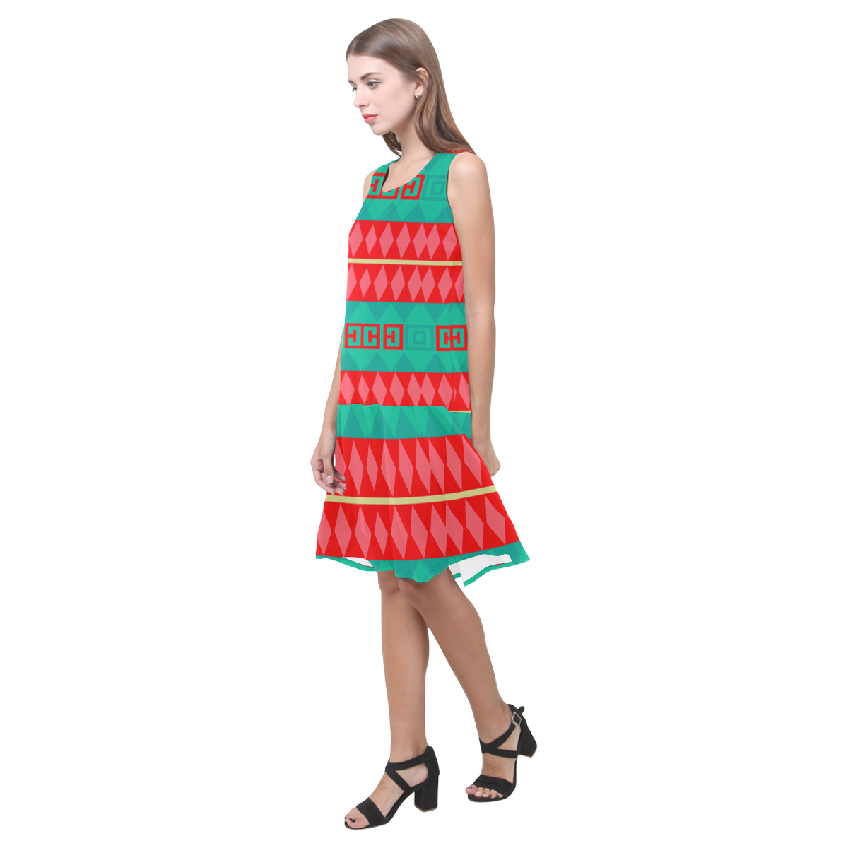 Rhombus stripes and other shapes Sleeveless Splicing Shift Dress(Model D17)