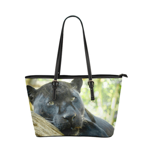 Beautiful Black Panther in Forest Leather Tote Bag/Large (Model 1651)