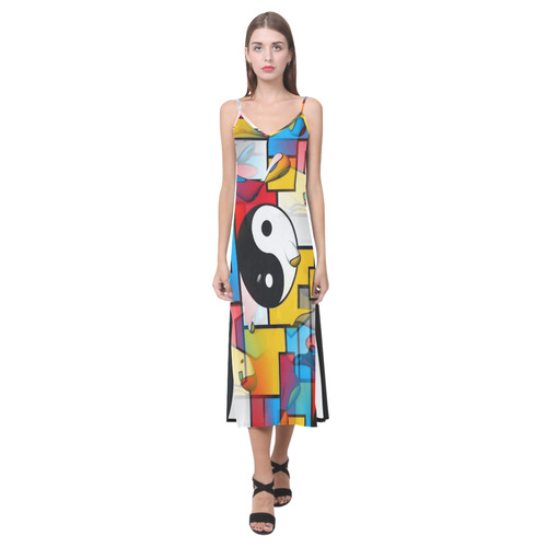 Yin and Yang Popart by Nico Bielow V-Neck Open Fork Long Dress(Model D18)