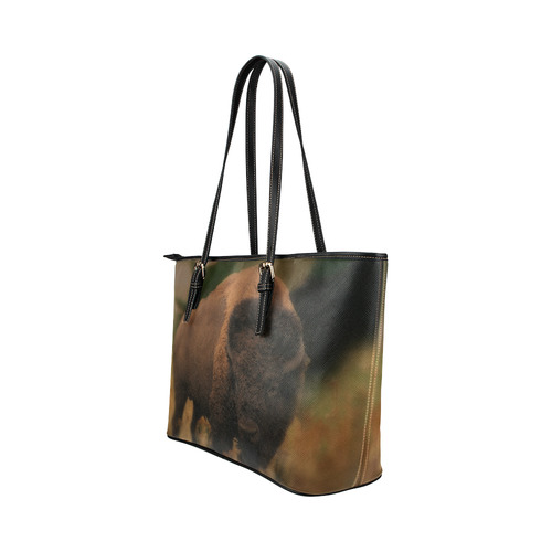 Awesome Powerfull Bison In Wildlife Leather Tote Bag/Large (Model 1651)