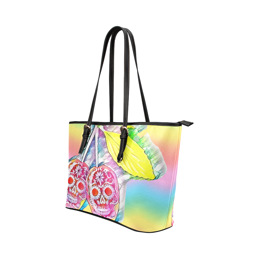 PopArt Cherry Skull Leather Tote Bag/Small (Model 1651)
