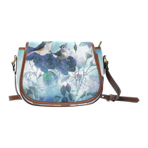 Cute birds with blue flowers Saddle Bag/Small (Model 1649) Full Customization