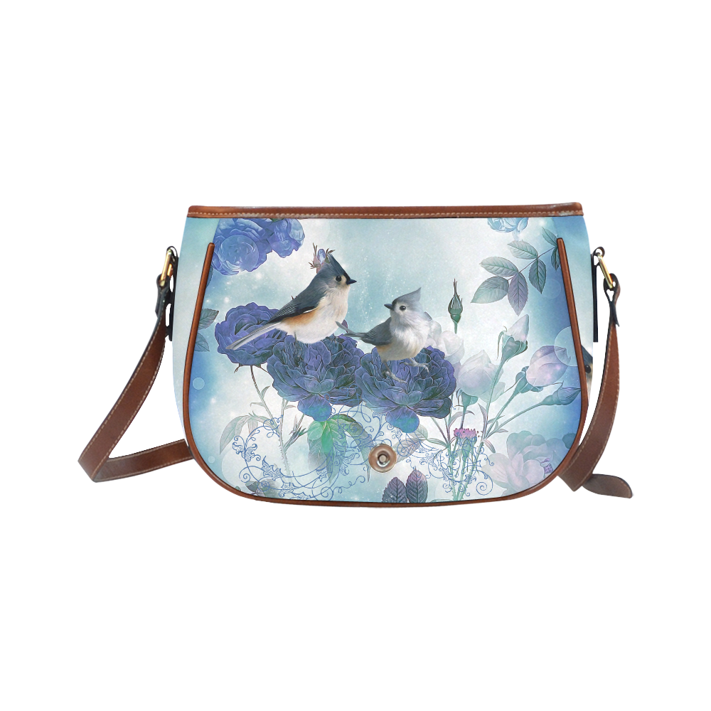 Cute birds with blue flowers Saddle Bag/Small (Model 1649) Full Customization