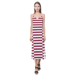 Burgundy and White Stripes V-Neck Open Fork Long Dress(Model D18)