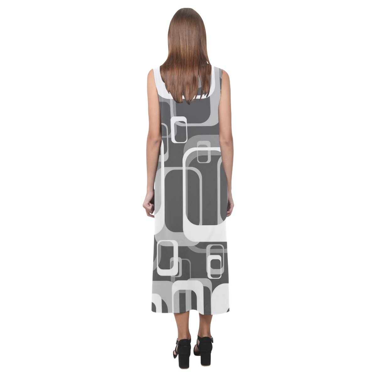 retro pattern 1971 gray JamColors Phaedra Sleeveless Open Fork Long Dress (Model D08)