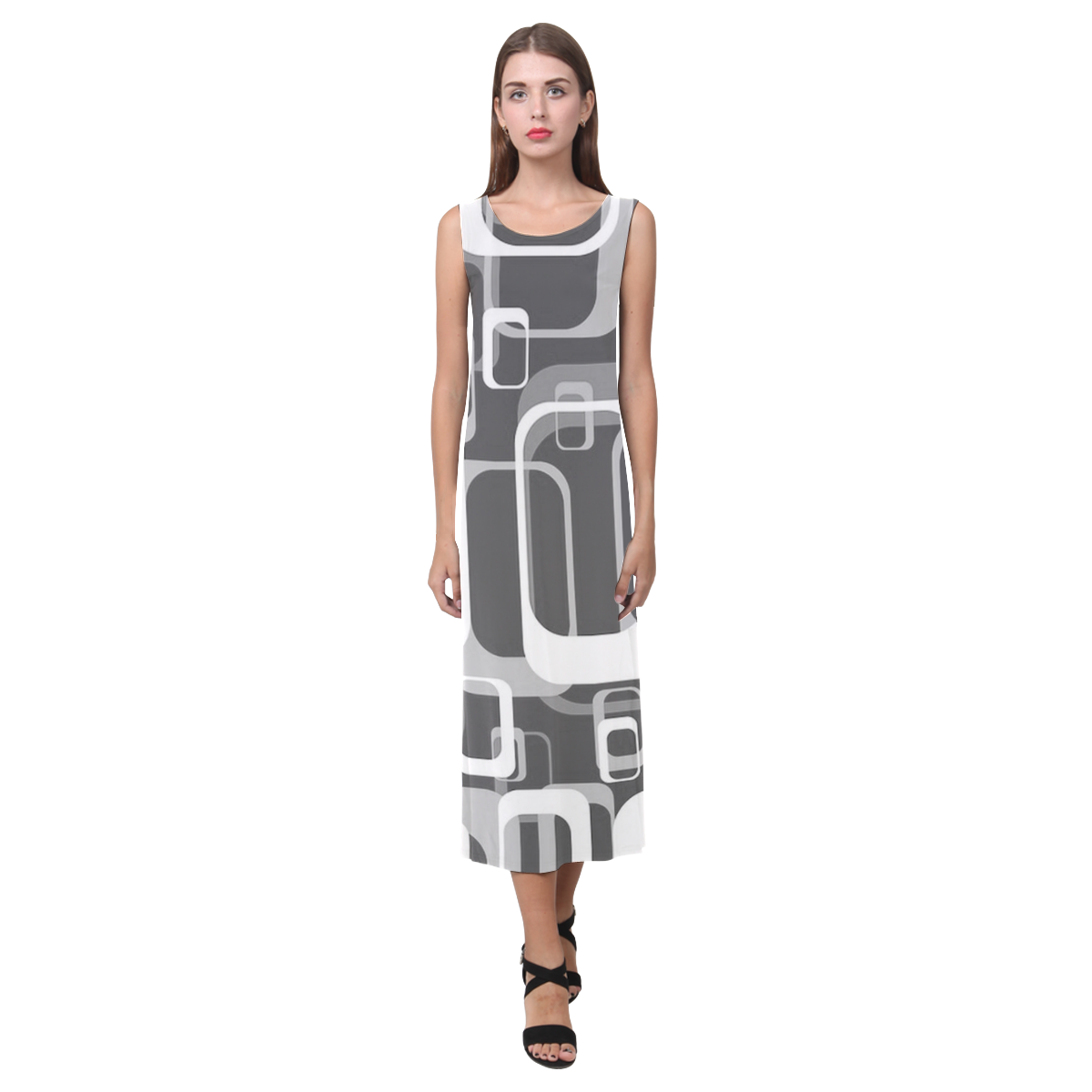 retro pattern 1971 gray JamColors Phaedra Sleeveless Open Fork Long Dress (Model D08)