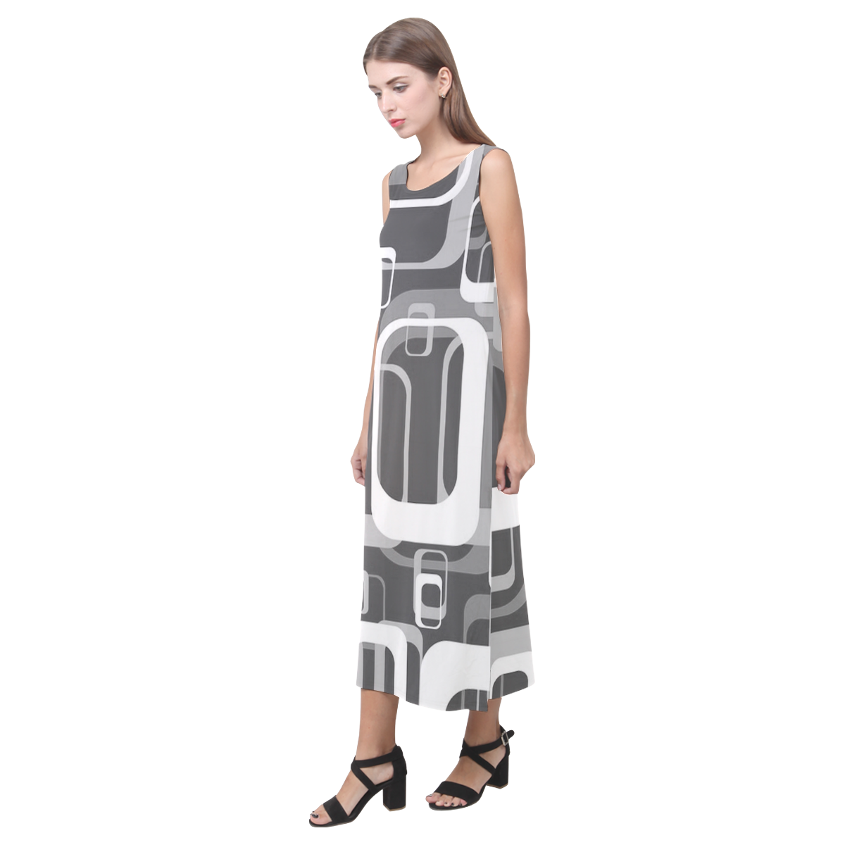 retro pattern 1971 gray JamColors Phaedra Sleeveless Open Fork Long Dress (Model D08)