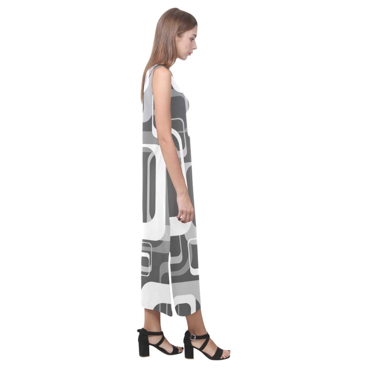 retro pattern 1971 gray JamColors Phaedra Sleeveless Open Fork Long Dress (Model D08)