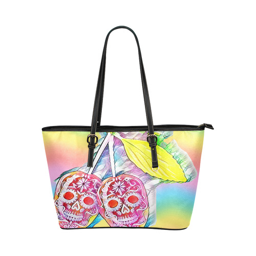PopArt Cherry Skull Leather Tote Bag/Small (Model 1651)