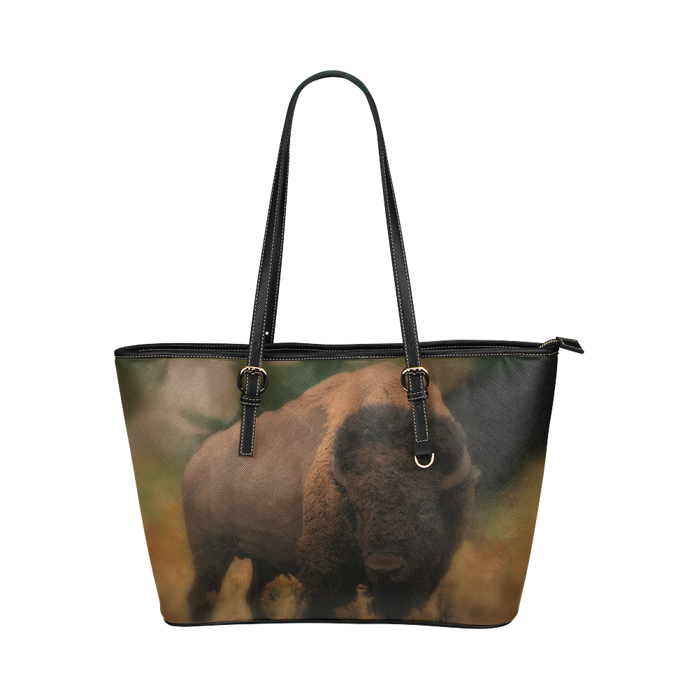 Awesome Powerfull Bison In Wildlife Leather Tote Bag/Large (Model 1651)