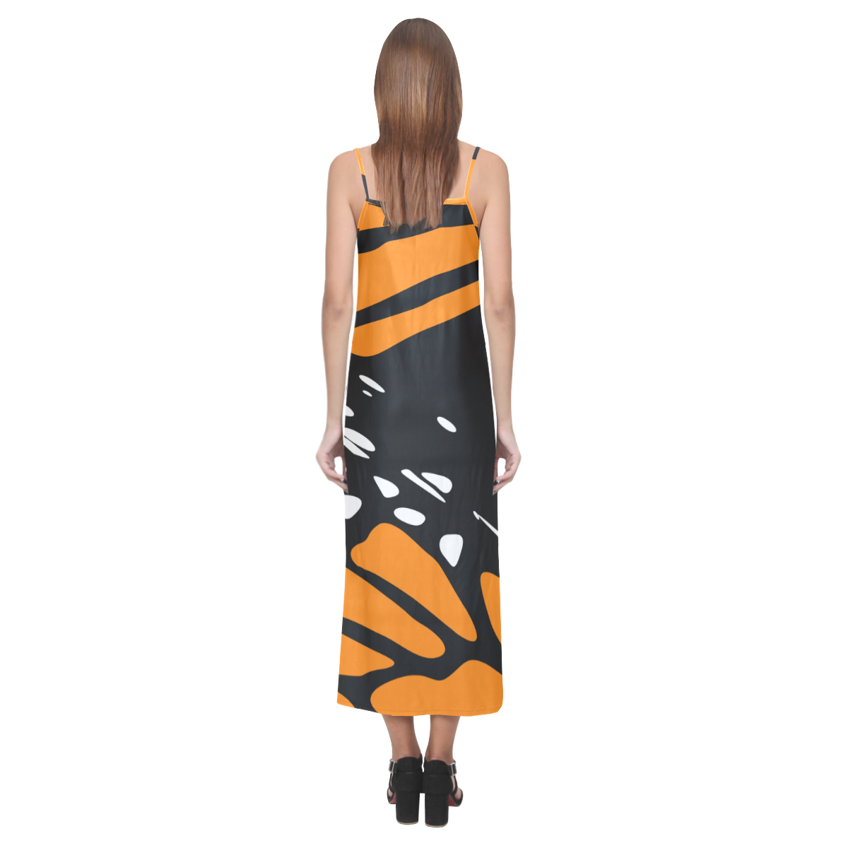 Monarch, Black and Orange V-Neck Open Fork Long Dress(Model D18)