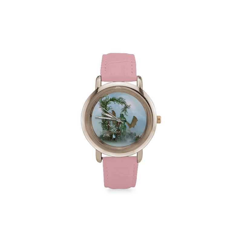 The dragon with cute fairy Women's Rose Gold Leather Strap Watch(Model 201)
