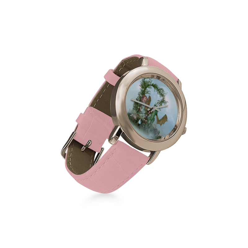 The dragon with cute fairy Women's Rose Gold Leather Strap Watch(Model 201)
