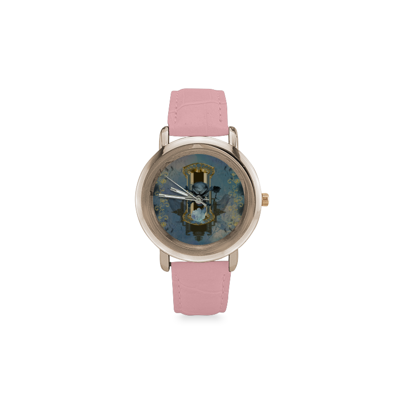 The blue skull with crow Women's Rose Gold Leather Strap Watch(Model 201)