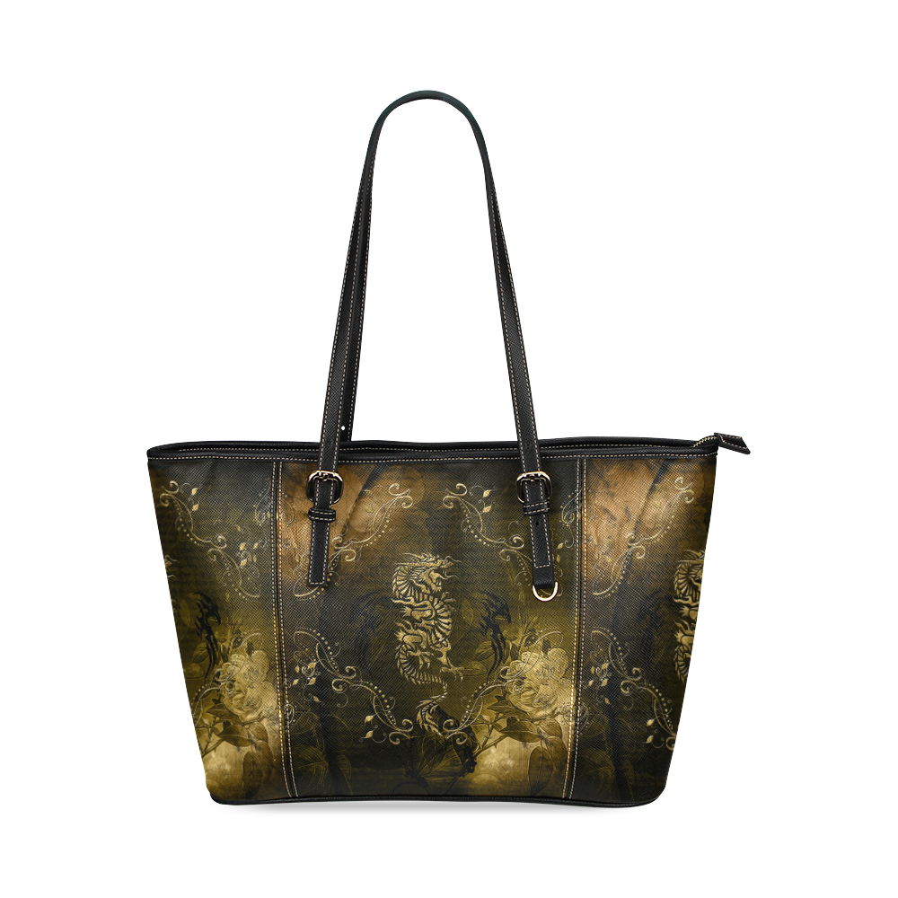 Wonderful chinese dragon in gold Leather Tote Bag/Large (Model 1640)