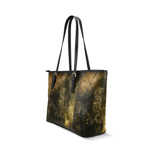 Wonderful chinese dragon in gold Leather Tote Bag/Large (Model 1640)