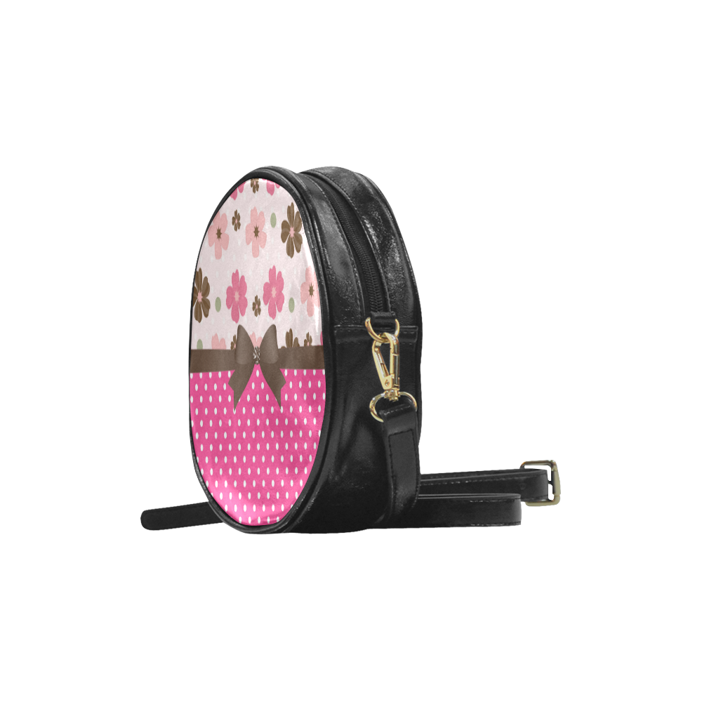 White Pink Polka Dots, Pink Brown Flowers, Floral Pattern and Chocolate Brown Bow Round Sling Bag (Model 1647)