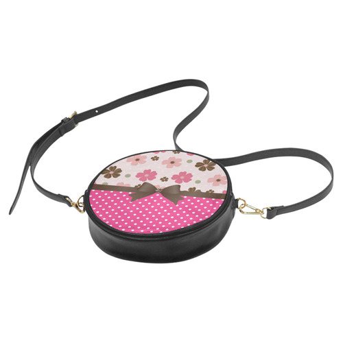 White Pink Polka Dots, Pink Brown Flowers, Floral Pattern and Chocolate Brown Bow Round Sling Bag (Model 1647)