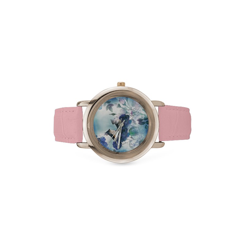 Cute birds with blue flowers Women's Rose Gold Leather Strap Watch(Model 201)