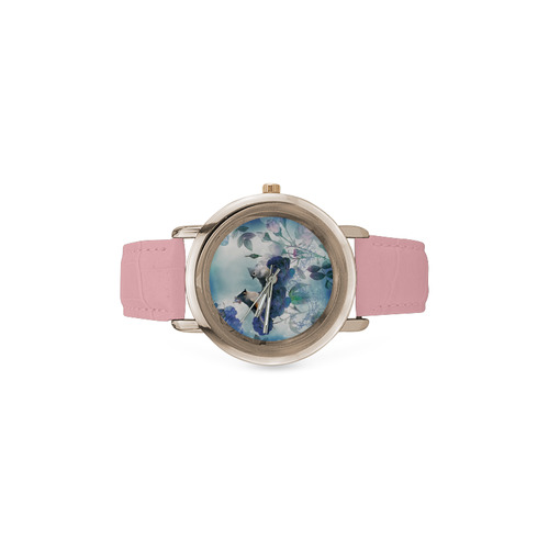 Cute birds with blue flowers Women's Rose Gold Leather Strap Watch(Model 201)