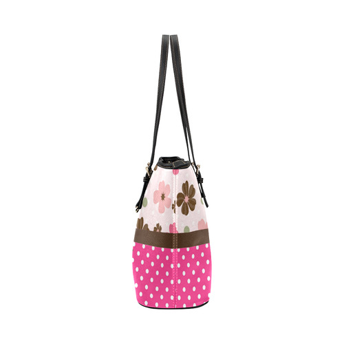 White Pink Polka Dots, Pink Brown Flowers, Floral Pattern and Chocolate Brown Bow Leather Tote Bag/Small (Model 1651)