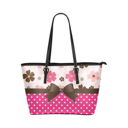 White Pink Polka Dots, Pink Brown Flowers, Floral Pattern and Chocolate Brown Bow Leather Tote Bag/Small (Model 1651)