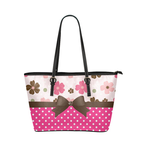 White Pink Polka Dots, Pink Brown Flowers, Floral Pattern and Chocolate Brown Bow Leather Tote Bag/Small (Model 1651)