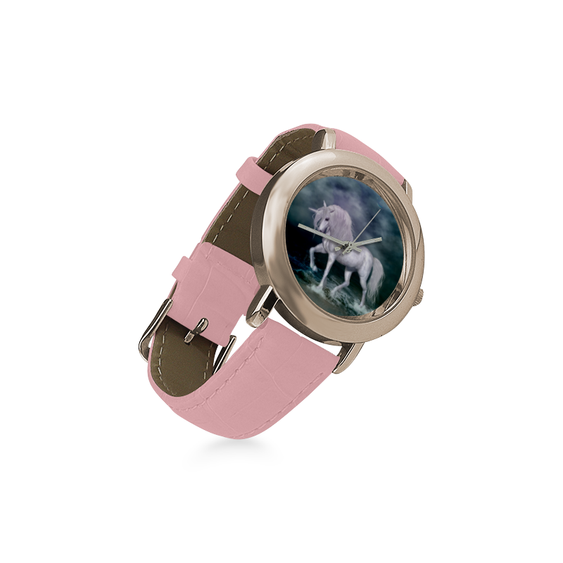 Wonderful white unicorn on the beach Women's Rose Gold Leather Strap Watch(Model 201)