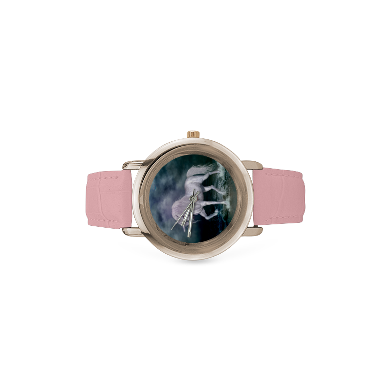 Wonderful white unicorn on the beach Women's Rose Gold Leather Strap Watch(Model 201)