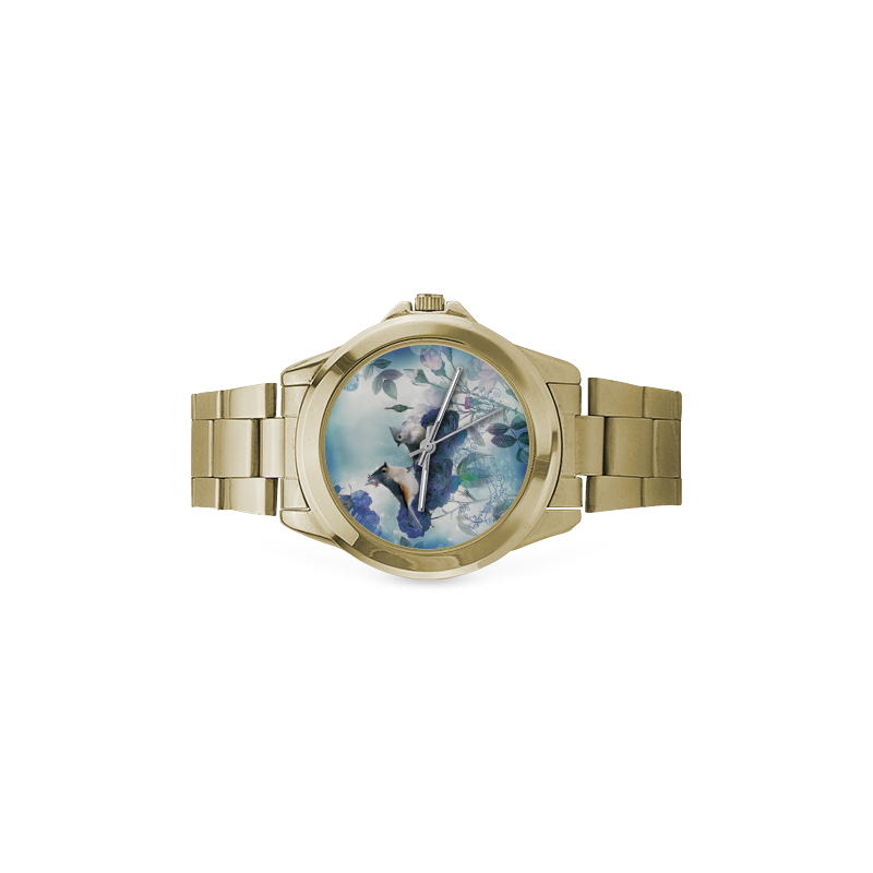 Cute birds with blue flowers Custom Gilt Watch(Model 101)