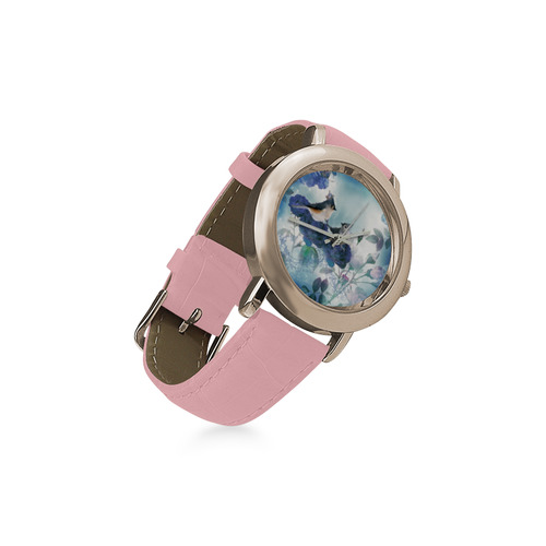 Cute birds with blue flowers Women's Rose Gold Leather Strap Watch(Model 201)