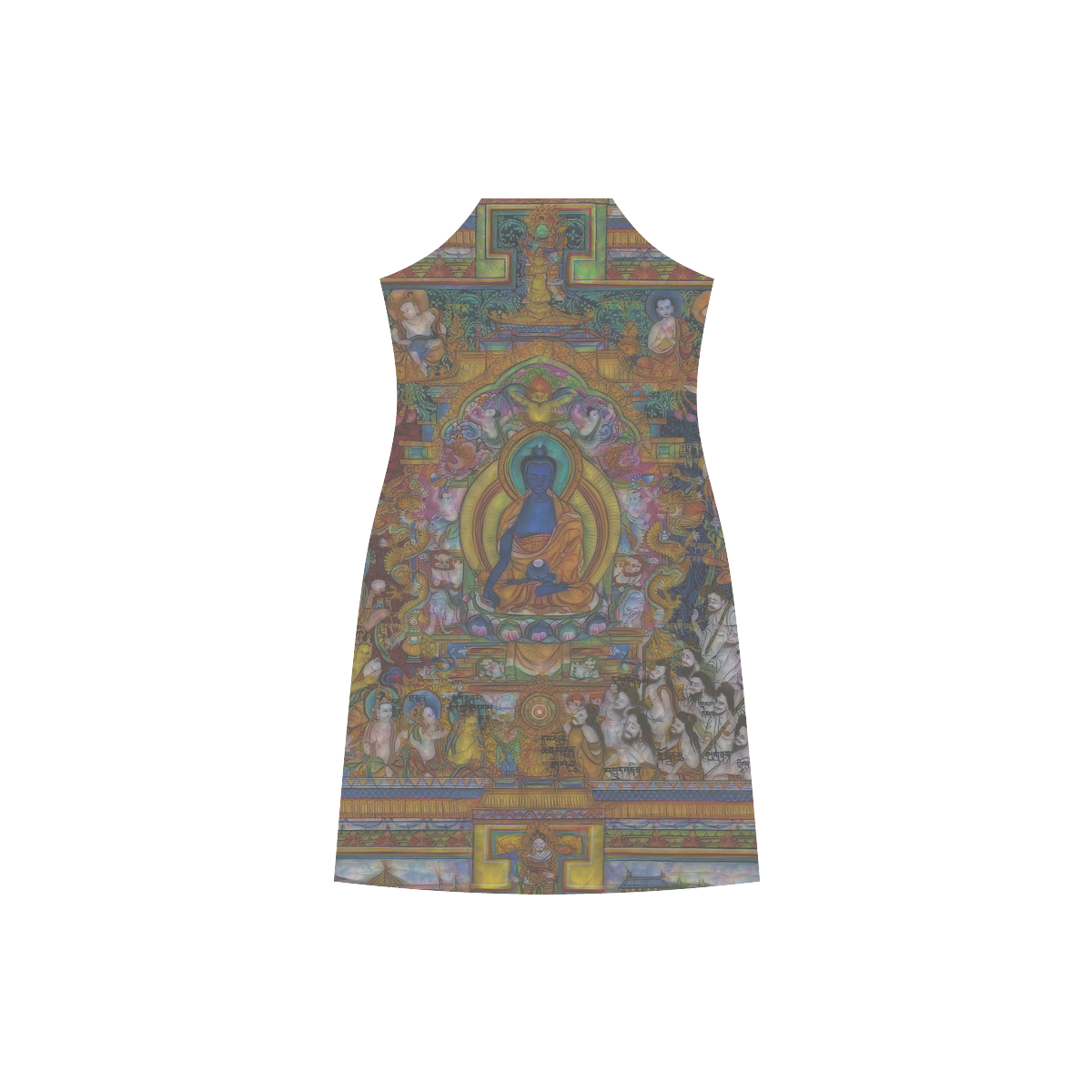 Awesome Thanka With The Holy Medicine Buddha V-Neck Open Fork Long Dress(Model D18)