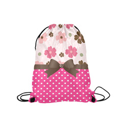 White Pink Polka Dots, Pink Brown Flowers, Floral Pattern and Chocolate Brown Bow Medium Drawstring Bag Model 1604 (Twin Sides) 13.8"(W) * 18.1"(H)
