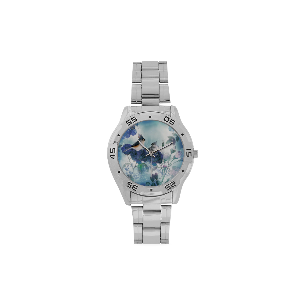 Cute birds with blue flowers Men's Stainless Steel Analog Watch(Model 108)
