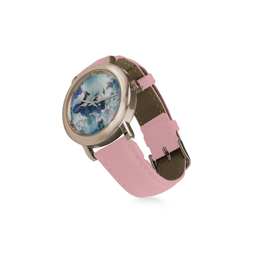 Cute birds with blue flowers Women's Rose Gold Leather Strap Watch(Model 201)