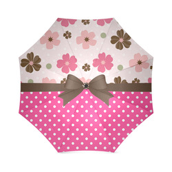 White Pink Polka Dots, Pink Brown Flowers, Floral Pattern and Chocolate Brown Bow Foldable Umbrella (Model U01)